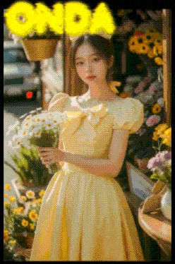 a girl in a yellow dress holds a bouquet of flowers in front of a sign that says onda