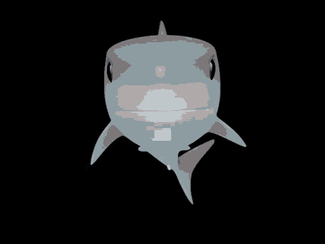 a white shark with a black eye and sharp teeth