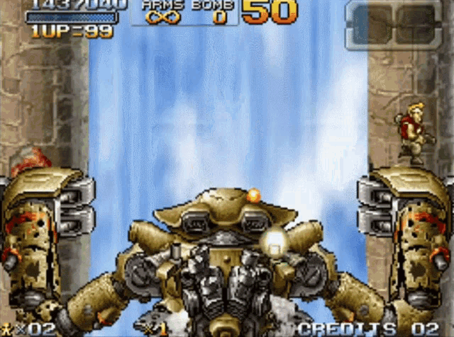 a video game screen shows a robot with a score of 50