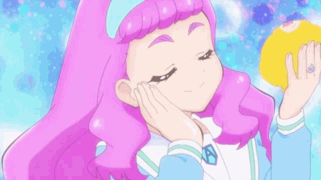 a girl with pink hair is looking at herself in the mirror