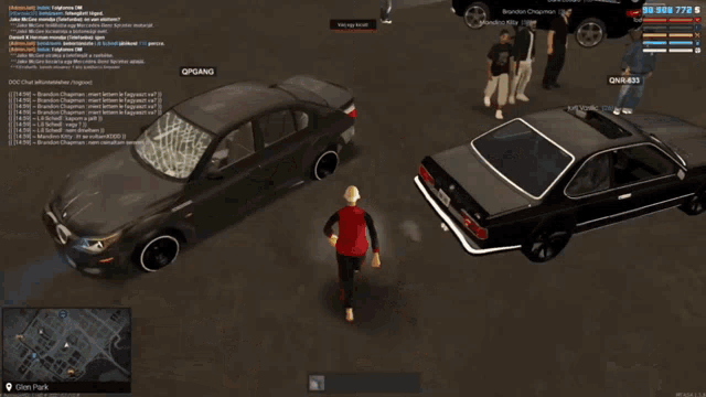 a screenshot of a video game shows a man standing in front of a car that says mrc 428