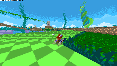 a screenshot of a video game with a green checkered field and a blue sky