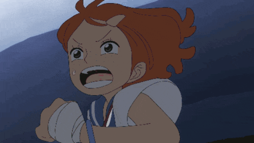 a cartoon drawing of a girl with red hair and a surprised look on her face