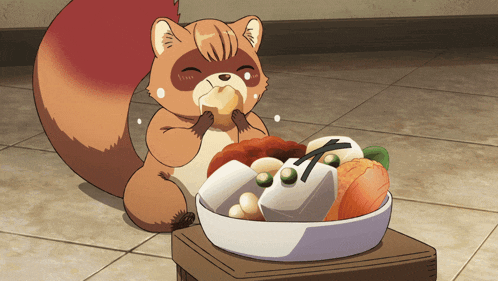 a cartoon squirrel is eating food from a bowl with a letter k on it