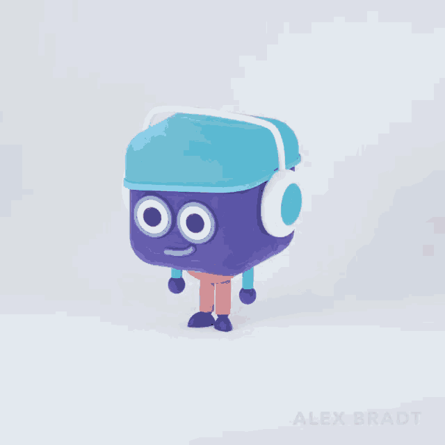 a cartoon character with headphones and the name alex bradt on the bottom left