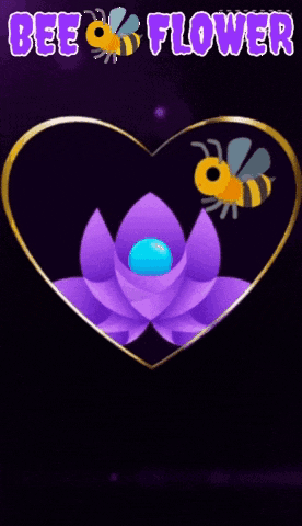 two bees are flying around a purple flower in a heart with the words bee & flower written above them