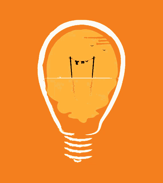 a drawing of a light bulb with a sunset inside of it