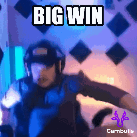 a man wearing a virtual reality headset is dancing in front of a wall that says big win