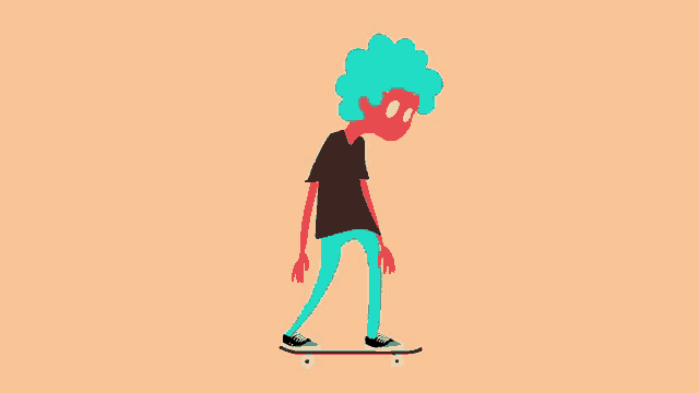 a cartoon character is riding a skateboard with a red shirt on