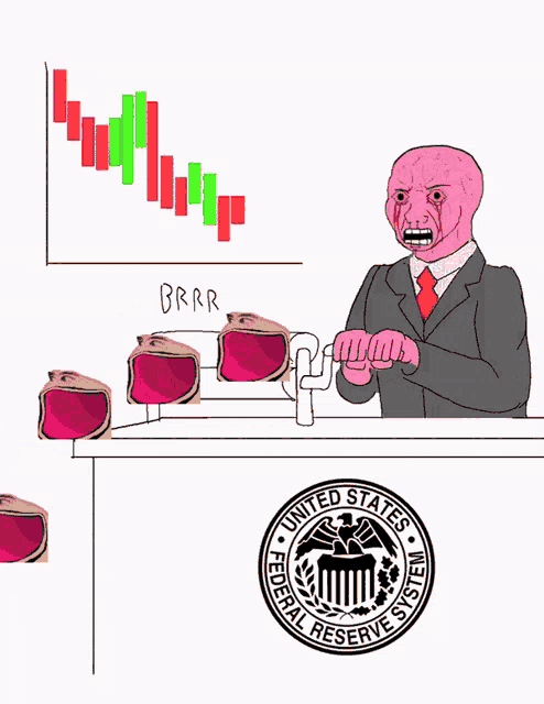 a cartoon of a man in a suit behind a united states federal reserve system seal