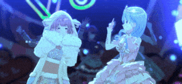 two anime girls are dancing on a stage in a dark room .