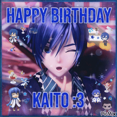 a picture of a boy with blue hair says happy birthday kaito : 3
