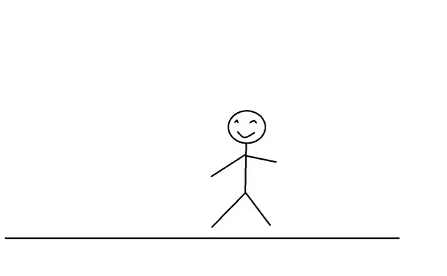 a stick figure with a smile on his face is standing on a white background .