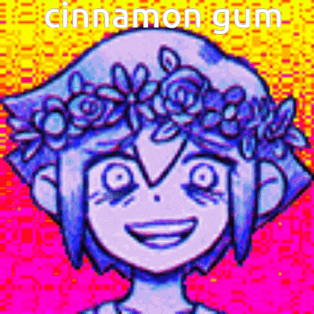 a pixel art of a girl with a flower crown on her head and the words `` cinnamon gum '' .