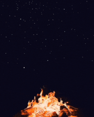 a large fire is burning in the dark with stars in the background