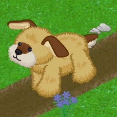 a cartoon dog is sitting on a tree branch with purple flowers in the background