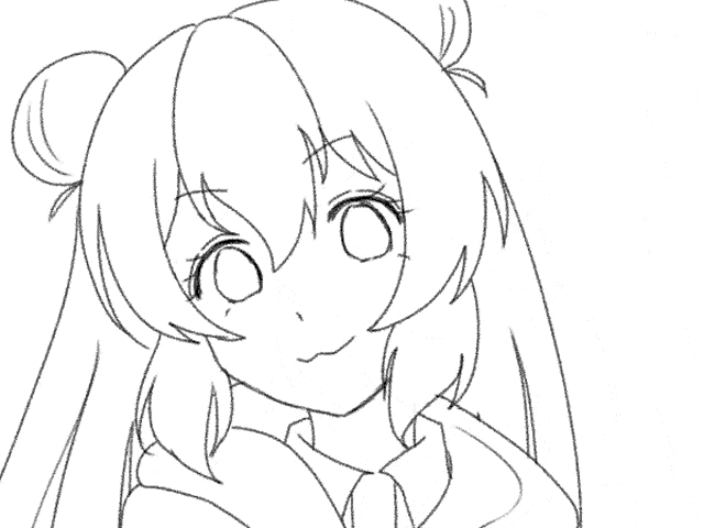 a black and white drawing of a girl with long hair and big eyes