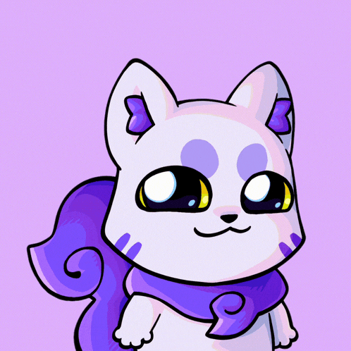 a cartoon drawing of a white cat with purple ears