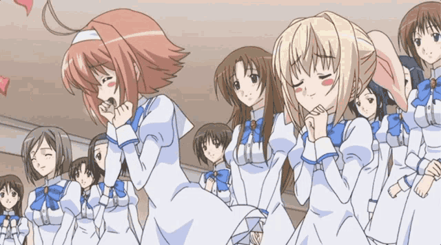 a group of anime girls in white dresses with blue bows on them