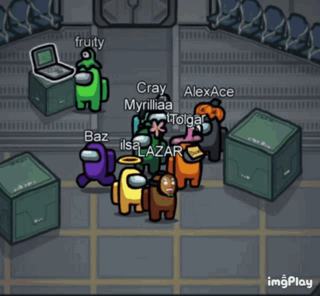 a group of among us characters are standing in a room with names like baz and cray