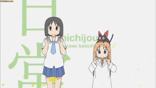 a cartoon of a girl with a cat on her head and the word nichi on the bottom left