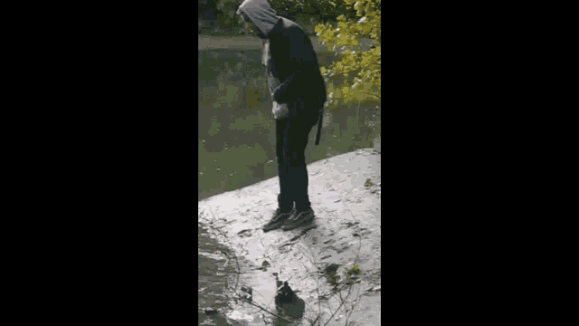 a man in a hoodie is standing on a rock near a lake