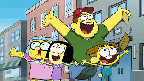 a group of cartoon characters are standing in front of a building with a sign that says ' a / a '