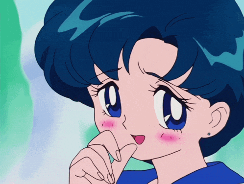 a girl with blue hair and a pink cheek is making a funny face
