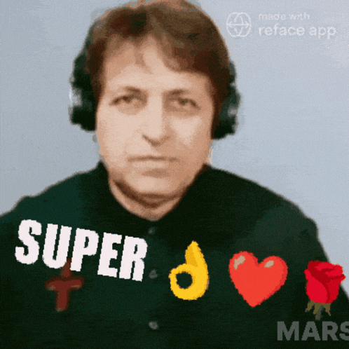 a woman wearing headphones and a shirt that says super