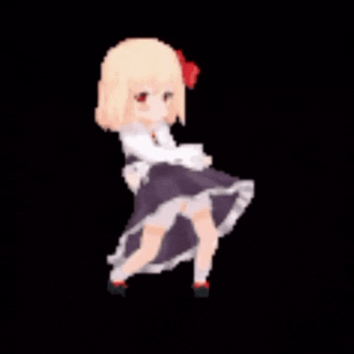 a pixel art of a girl in a purple dress with a red bow on her head .