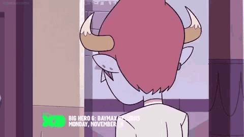 a cartoon character with horns on his head is standing in a hallway .