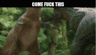 a picture of two dinosaurs with the words come fuck this on top