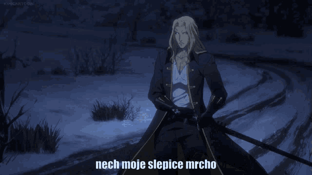 a cartoon of a man holding a sword with nech moje slepice mrcho written below him