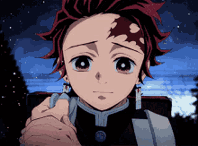a close up of a anime character 's face with a blue sky in the background