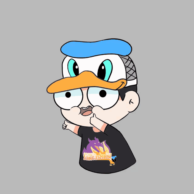 a drawing of a person wearing a donald duck hat and giving a thumbs up