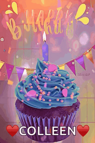 a birthday cupcake with blue frosting and a candle with the name colleen