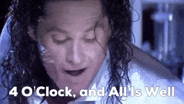 a close up of a man 's face with the words 4 o clock and all is well below it