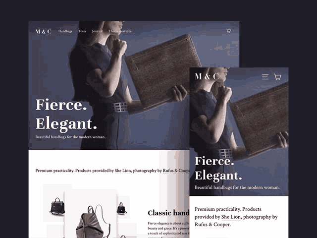 a website for m & c handbags has a woman holding a purse