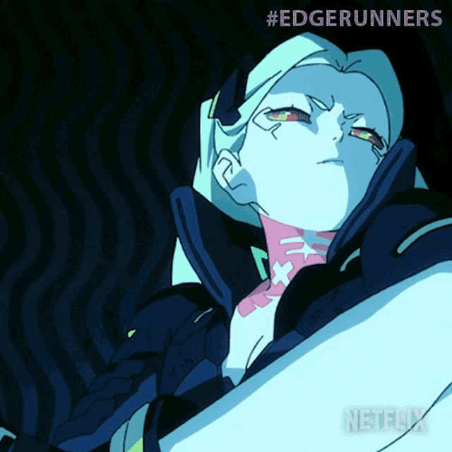 a netflix advertisement for edgerunners shows a woman in a blue jacket
