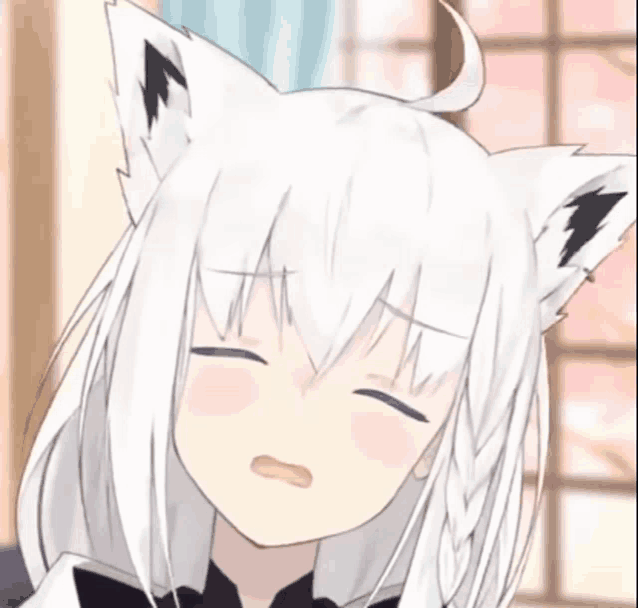 a close up of a anime girl with white hair and black ears sleeping .