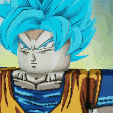 a cartoon character with blue hair is wearing a yellow shirt