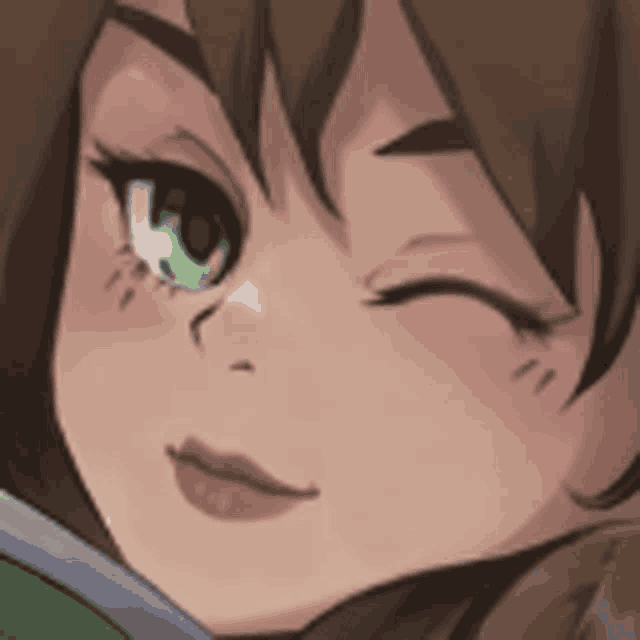 a close up of a girl 's face with a green eye