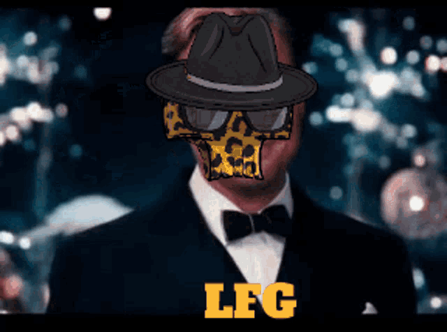 a man in a suit and bow tie has a leopard print face and the word lfg in yellow