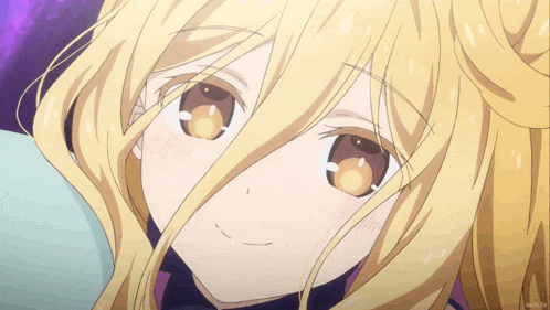 a close up of a blonde anime girl 's face with a purple background