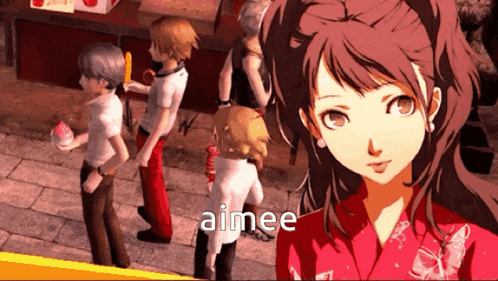 a girl in a red shirt stands in front of a group of people and the word aimee is on the bottom