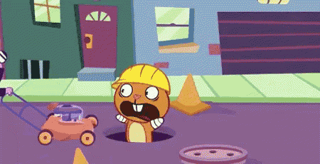 a cartoon character wearing a hard hat is looking out of a hole