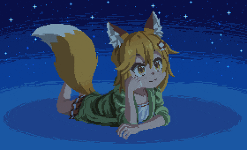a pixel art drawing of a fox girl laying on the ground