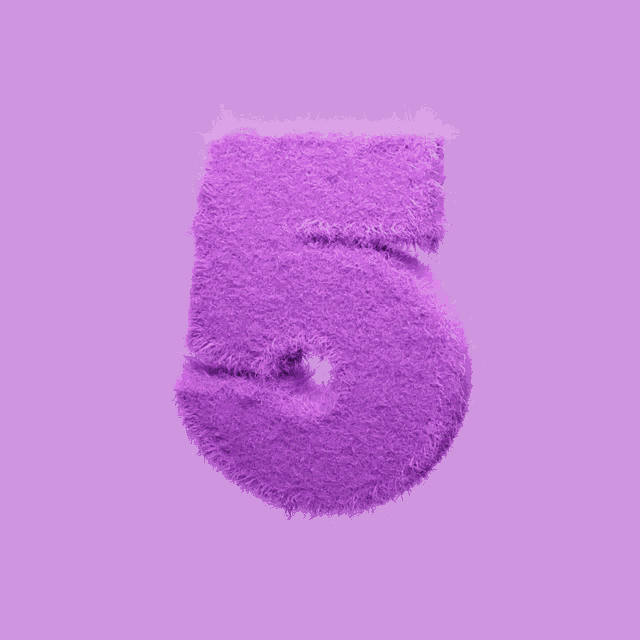the number 5 is made of purple fluffy fur on a purple background .