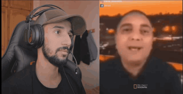 a man wearing headphones next to a picture of a man with a beard