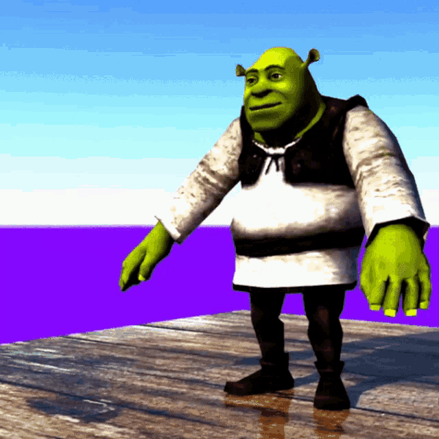 shrek is standing on a wooden dock with a purple background